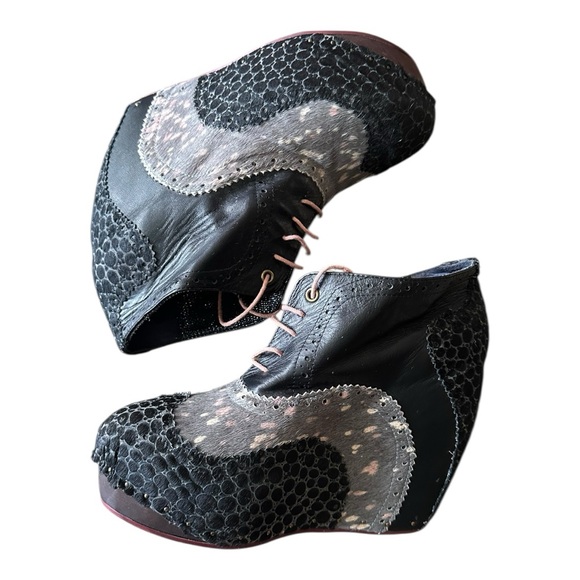 Irregular Choice Black and Grey Leopard Pony Hair Leather Wedge Bootie - Picture 2 of 5